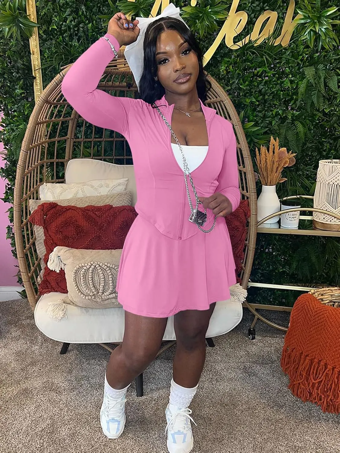 2 Piece Skirt Set for Women 2025 Long Sleeve Zipper Up Jacket and Pleated Mini Dress Short Sets Tracksuit