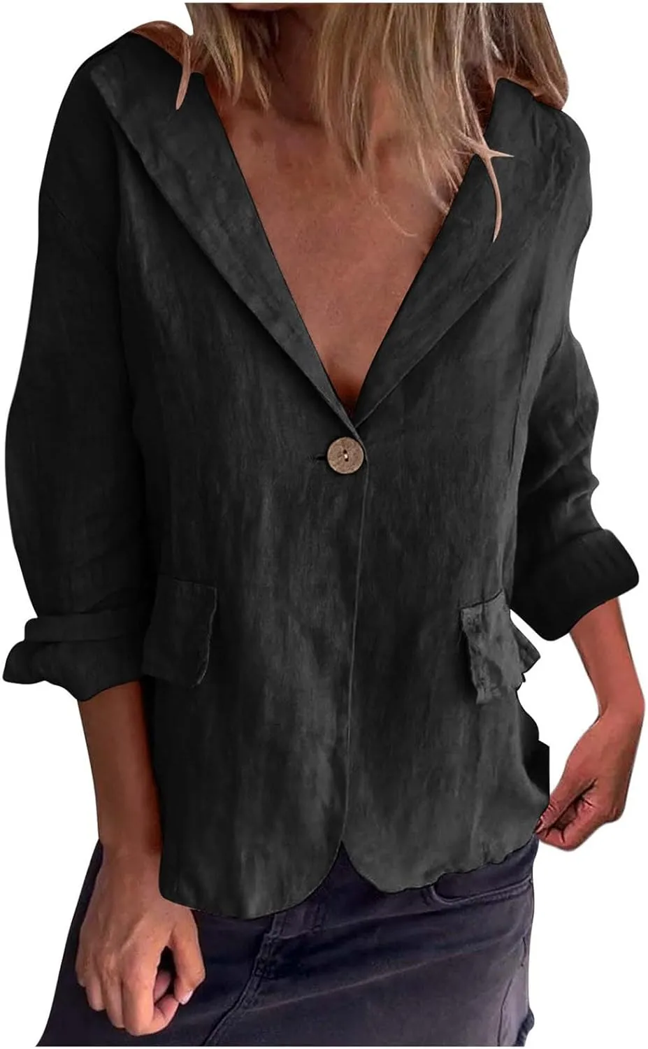 2024 Fall Cotton Linen Blazer Women Long Sleeve Lightweight One Button Cardigan Jackets Business Casual Work Outwear