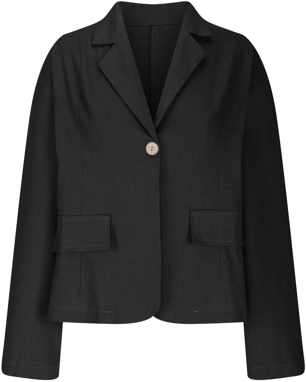 2024 Fall Cotton Linen Blazer Women Long Sleeve Lightweight One Button Cardigan Jackets Business Casual Work Outwear
