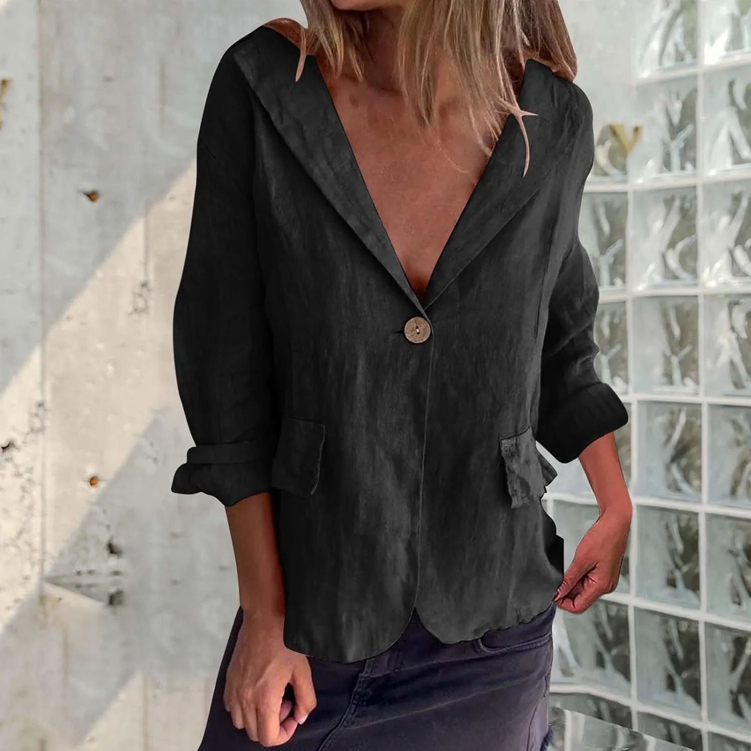 2024 Fall Cotton Linen Blazer Women Long Sleeve Lightweight One Button Cardigan Jackets Business Casual Work Outwear
