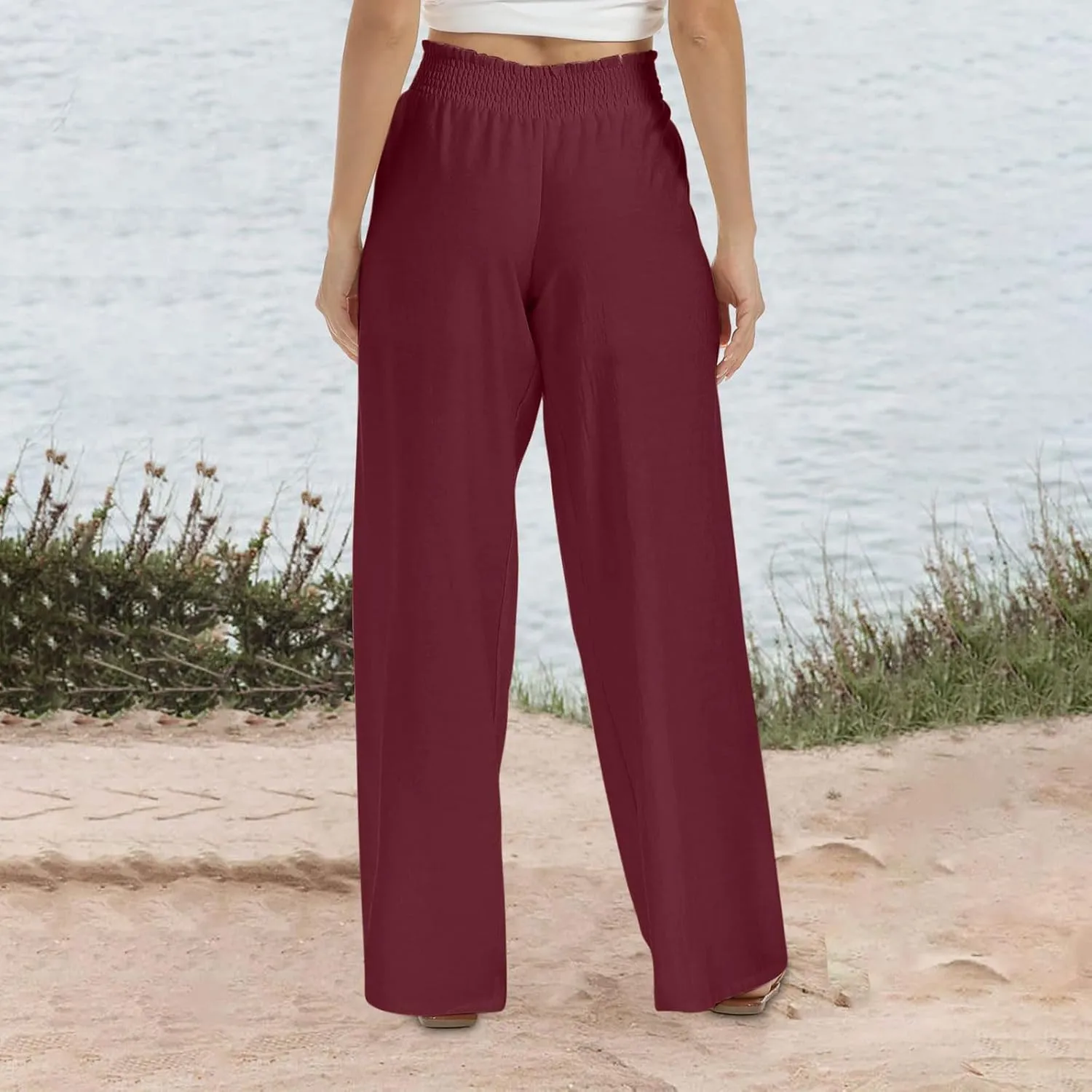 2025 Women's Casual Cotton Linen Pants with Pockets Summer Relax Fit Elastic Waist Straight Leg Trouser Pants