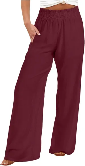 2025 Women's Casual Cotton Linen Pants with Pockets Summer Relax Fit Elastic Waist Straight Leg Trouser Pants