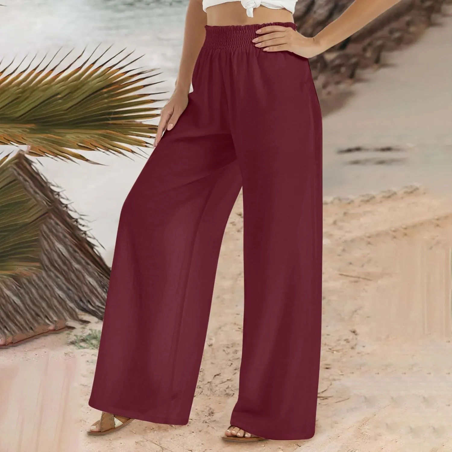 2025 Women's Casual Cotton Linen Pants with Pockets Summer Relax Fit Elastic Waist Straight Leg Trouser Pants