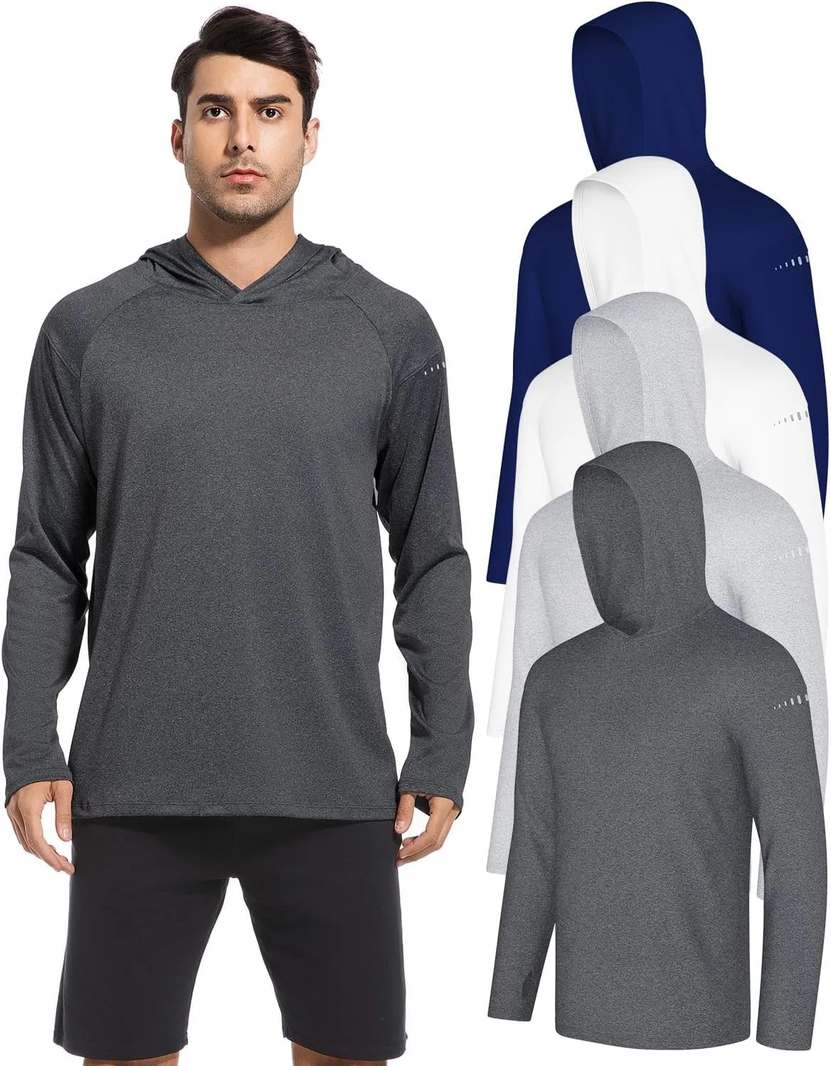 4 Pack Men's Sun Shirts UPF 50  Rash Guard Long Sleeve Sun Protection Hoodies UV Fishing Athletic Workout Hiking Hooded