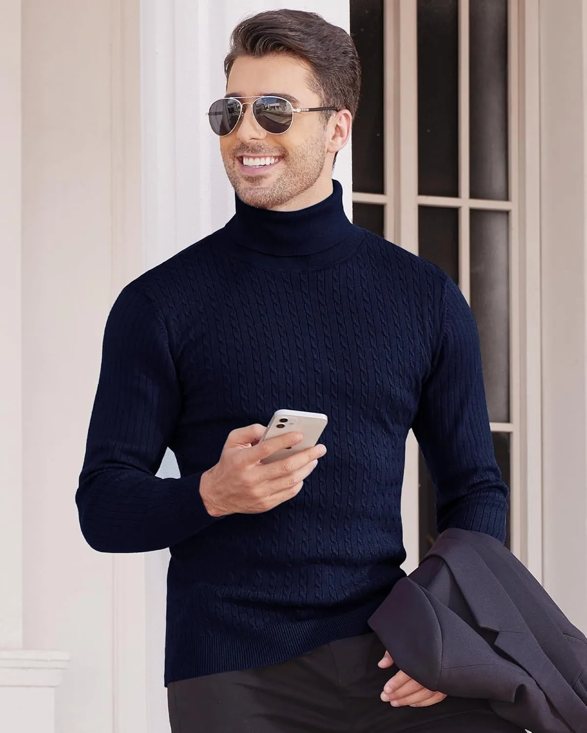 Alimens & Gentle Mens Turtleneck Slim Fit Sweater Long Sleeve Cable Knitted Twisted Pullover Soft Casual Winter Tops for Men
