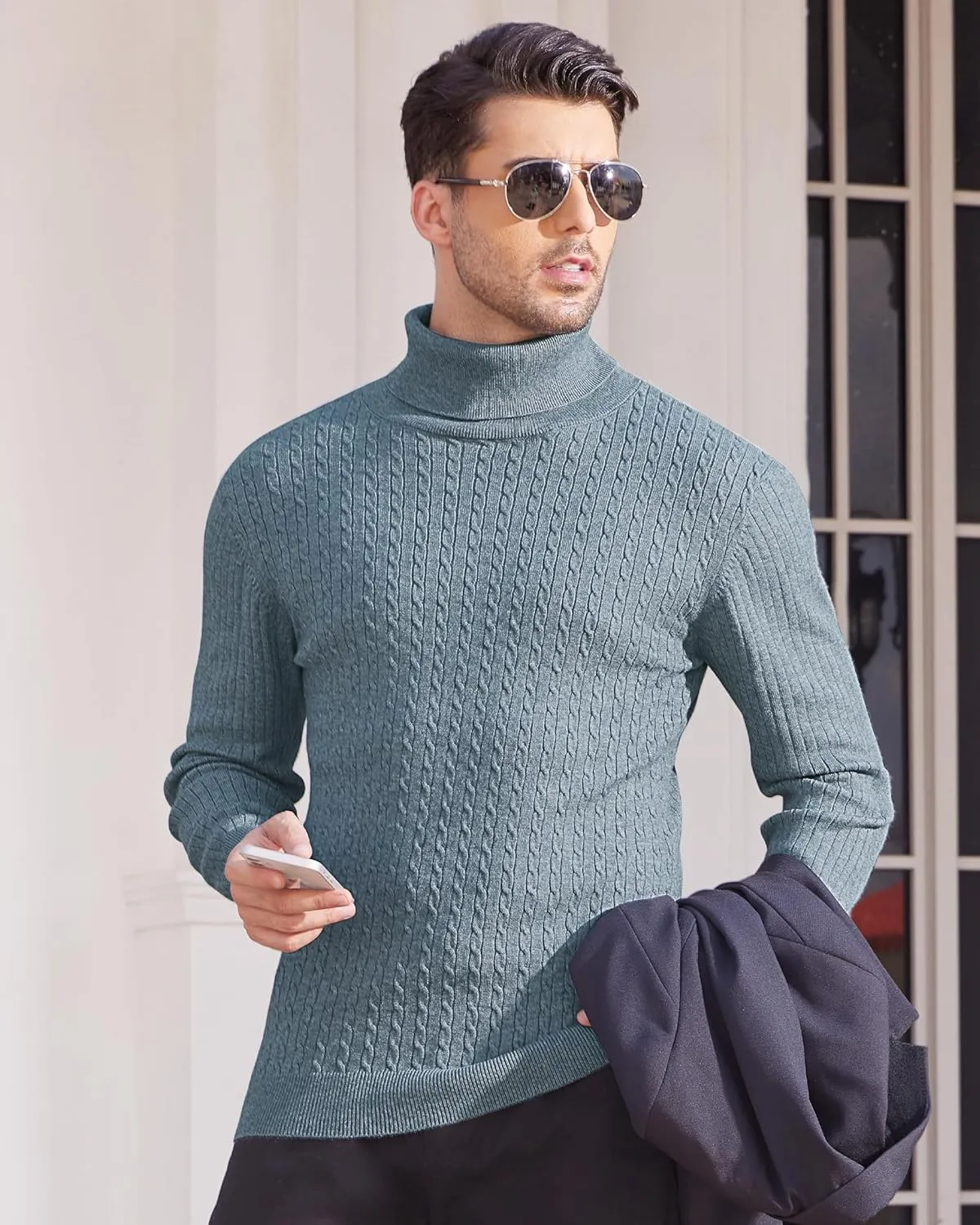 Alimens & Gentle Mens Turtleneck Slim Fit Sweater Long Sleeve Cable Knitted Twisted Pullover Soft Casual Winter Tops for Men