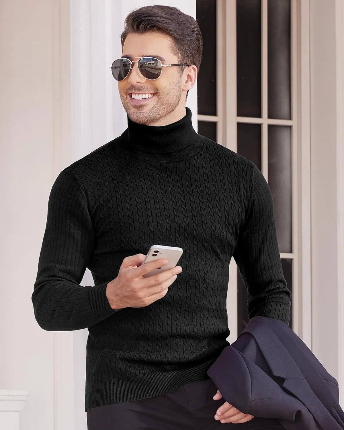 Alimens & Gentle Mens Turtleneck Slim Fit Sweater Long Sleeve Cable Knitted Twisted Pullover Soft Casual Winter Tops for Men