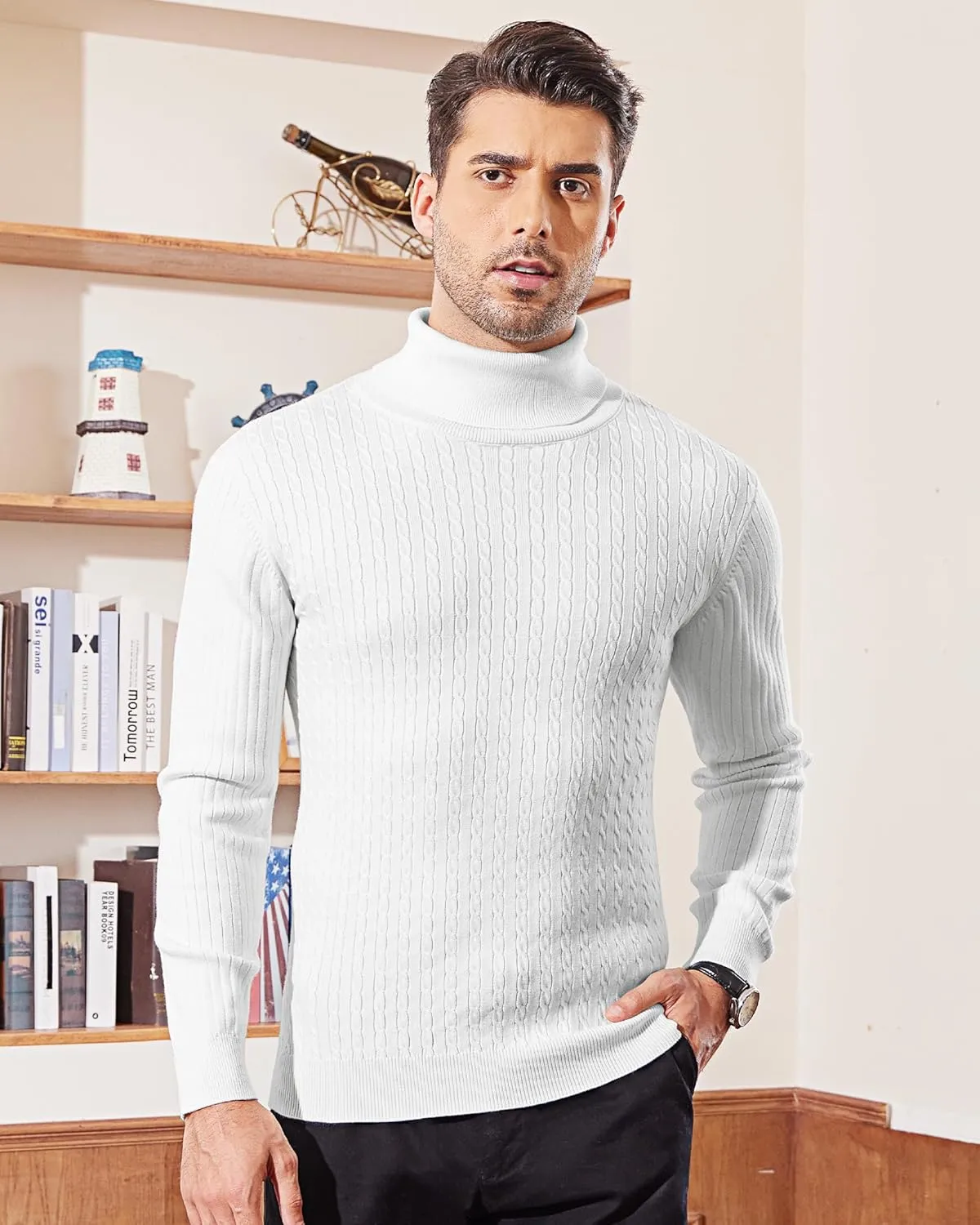 Alimens & Gentle Mens Turtleneck Slim Fit Sweater Long Sleeve Cable Knitted Twisted Pullover Soft Casual Winter Tops for Men