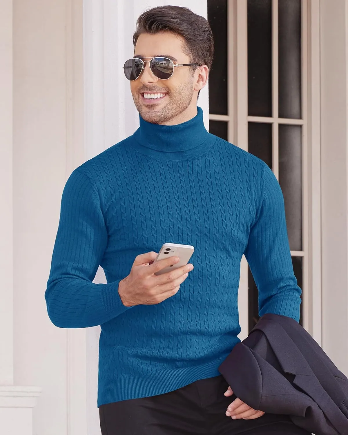 Alimens & Gentle Mens Turtleneck Slim Fit Sweater Long Sleeve Cable Knitted Twisted Pullover Soft Casual Winter Tops for Men