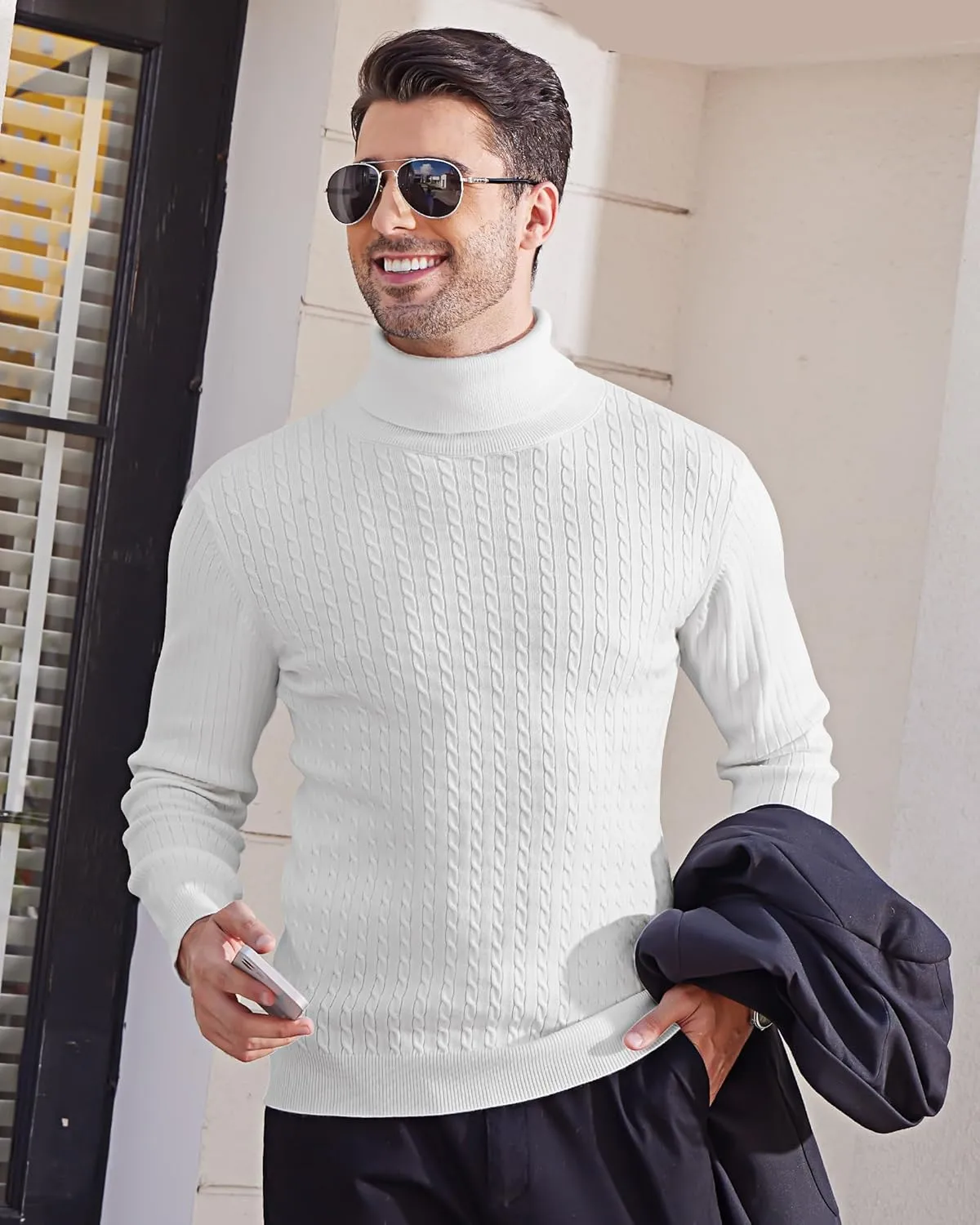 Alimens & Gentle Mens Turtleneck Slim Fit Sweater Long Sleeve Cable Knitted Twisted Pullover Soft Casual Winter Tops for Men