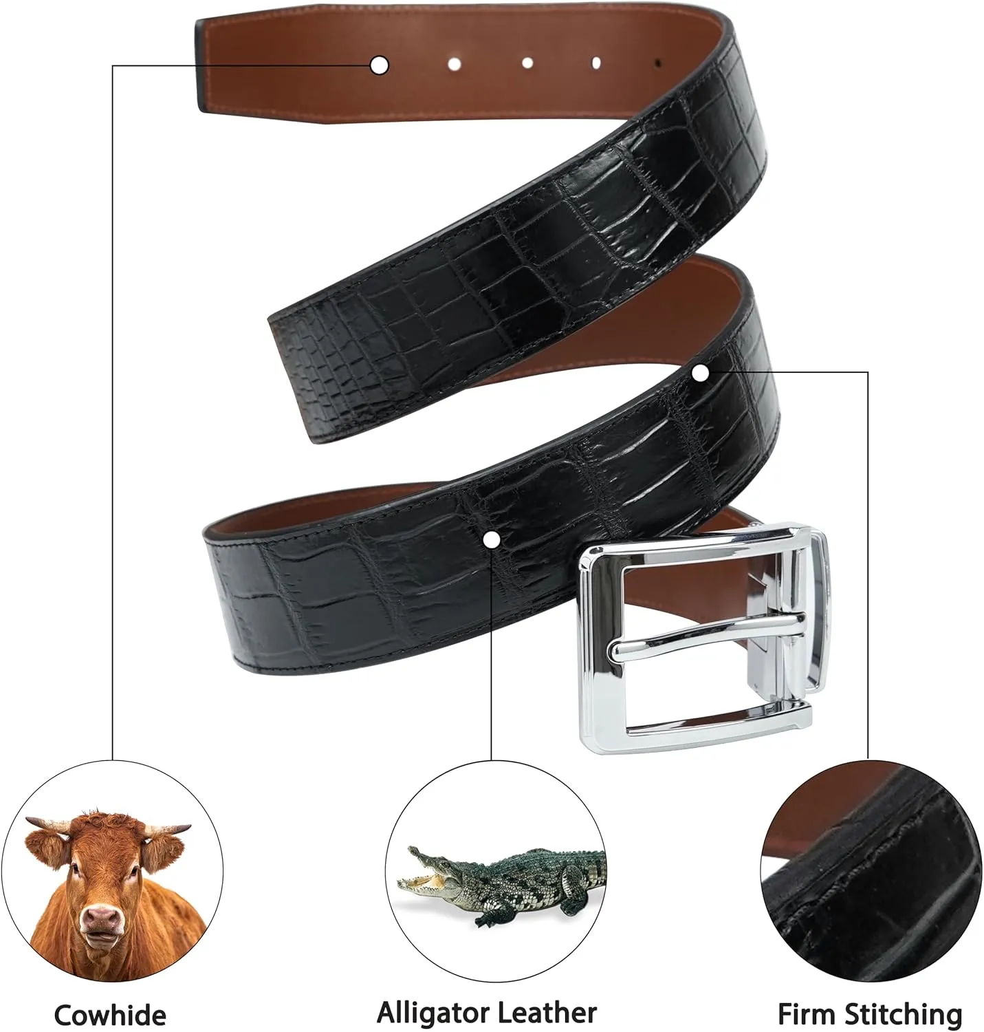 Alligator Leather Belt Men Crocodile Belly 1.5" width Pin Gold Buckle Removal Dress Golf Luxury Premium Handmade