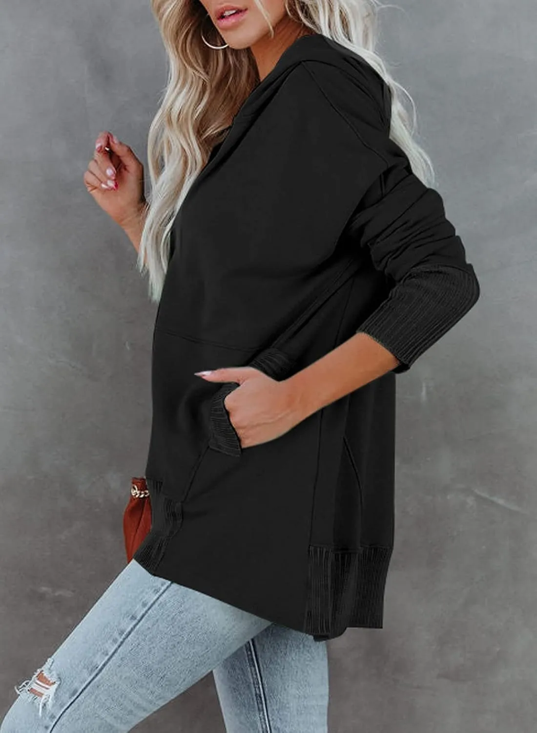 AlvaQ Women Casual Button V Neck Hoodies Oversized Pullover Sweatshirt Hooded Tops with Pockets