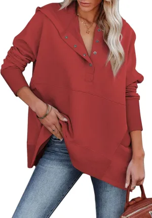 AlvaQ Women Casual Button V Neck Hoodies Oversized Pullover Sweatshirt Hooded Tops with Pockets
