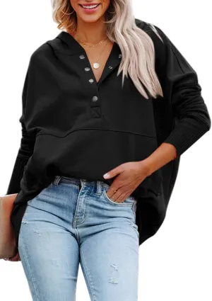 AlvaQ Women Casual Button V Neck Hoodies Oversized Pullover Sweatshirt Hooded Tops with Pockets