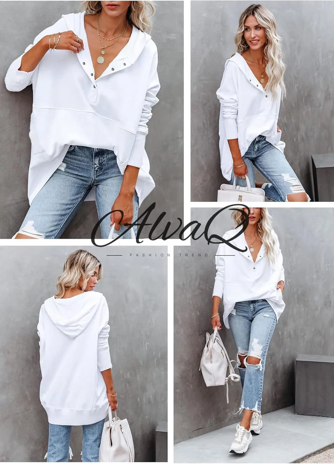AlvaQ Women Casual Button V Neck Hoodies Oversized Pullover Sweatshirt Hooded Tops with Pockets