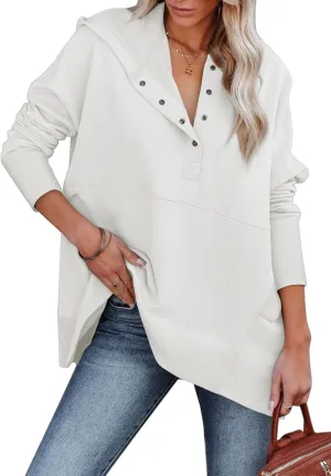 AlvaQ Women Casual Button V Neck Hoodies Oversized Pullover Sweatshirt Hooded Tops with Pockets
