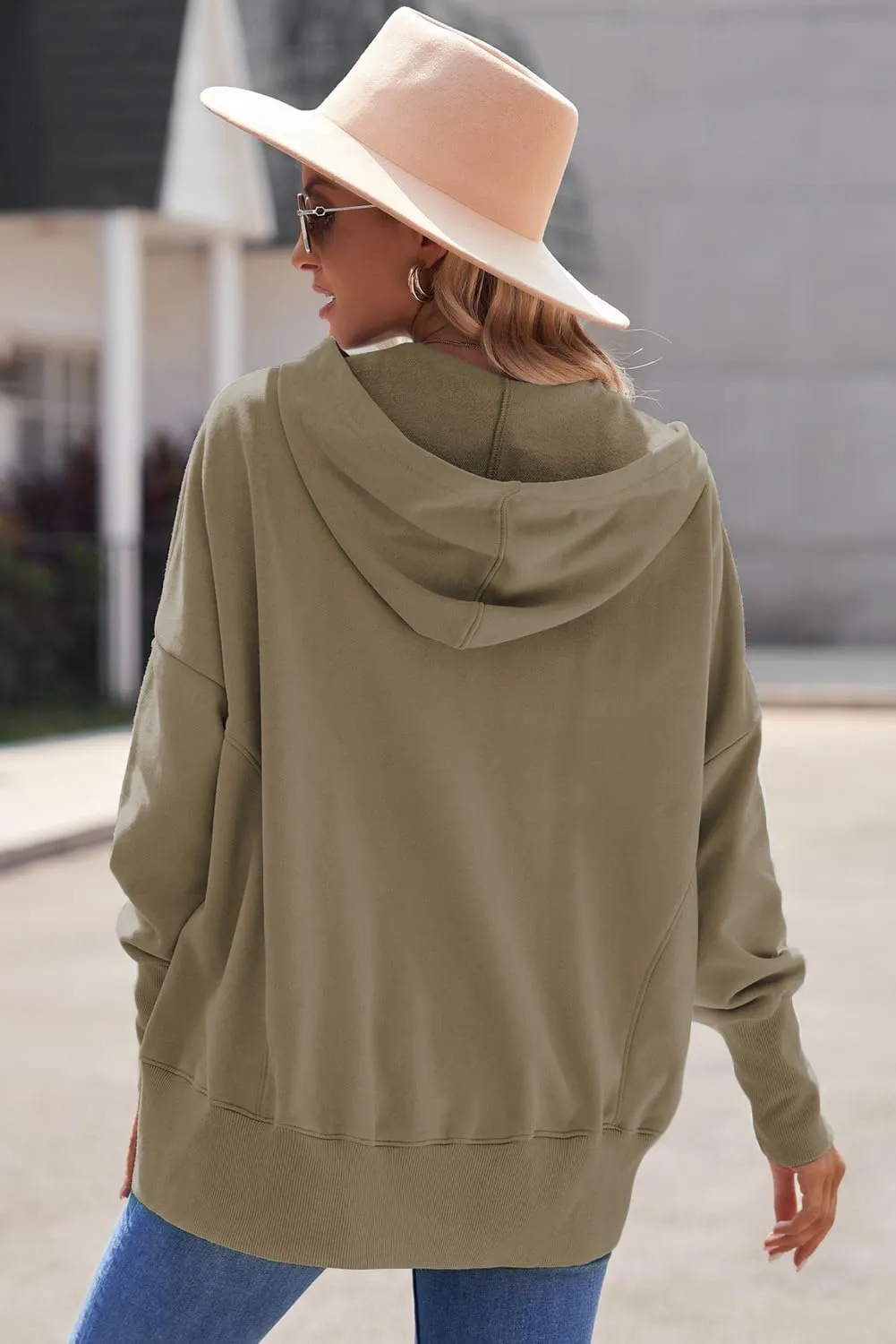 AlvaQ Women Casual Button V Neck Hoodies Oversized Pullover Sweatshirt Hooded Tops with Pockets