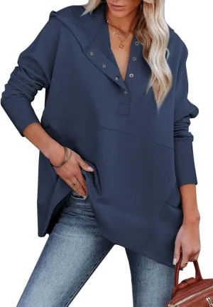 AlvaQ Women Casual Button V Neck Hoodies Oversized Pullover Sweatshirt Hooded Tops with Pockets