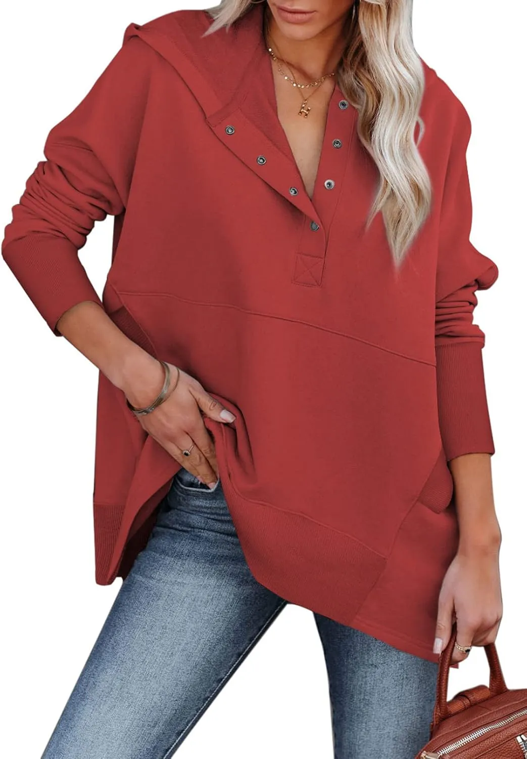 AlvaQ Women Casual Button V Neck Hoodies Oversized Pullover Sweatshirt Hooded Tops with Pockets
