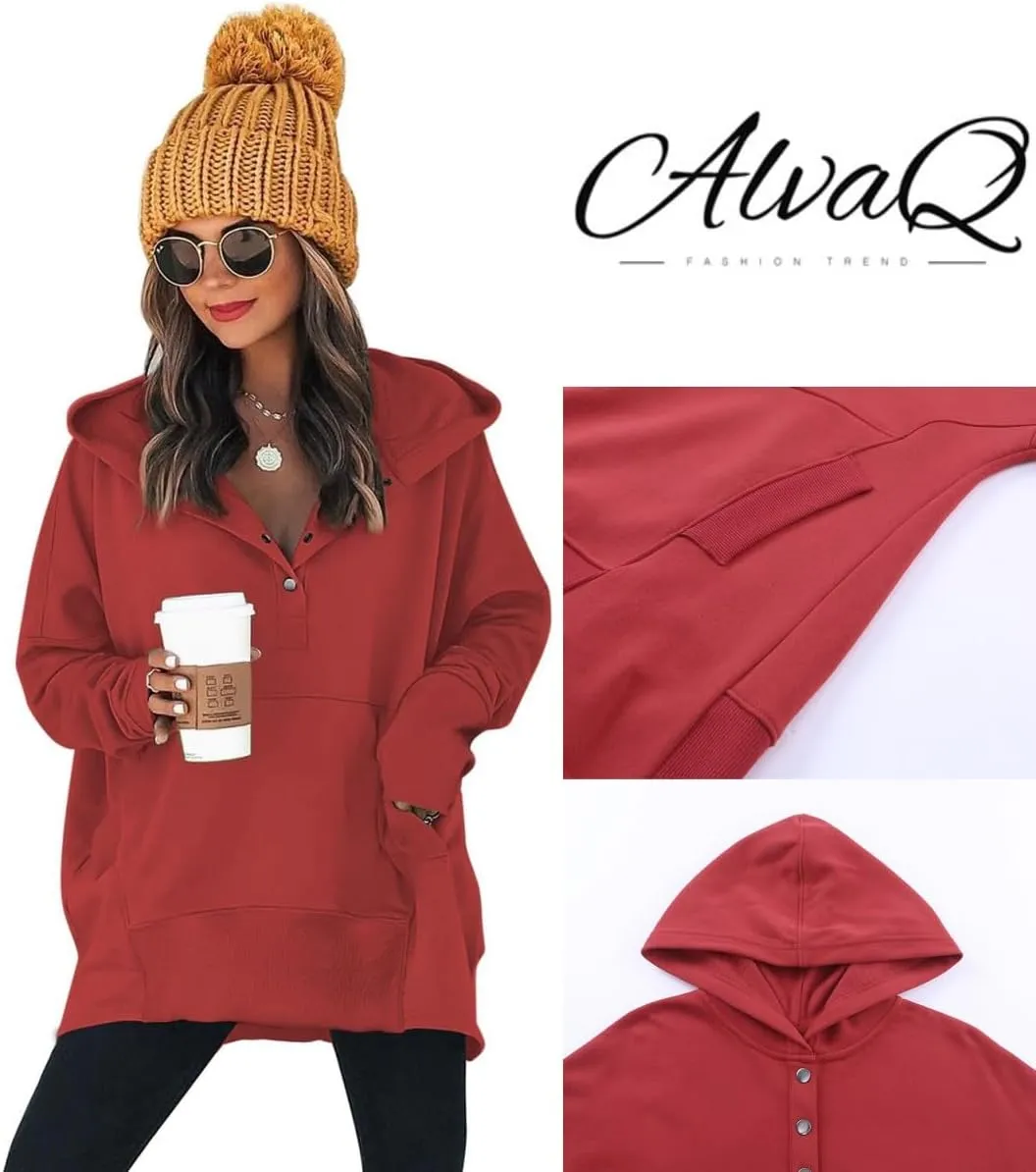 AlvaQ Women Casual Button V Neck Hoodies Oversized Pullover Sweatshirt Hooded Tops with Pockets