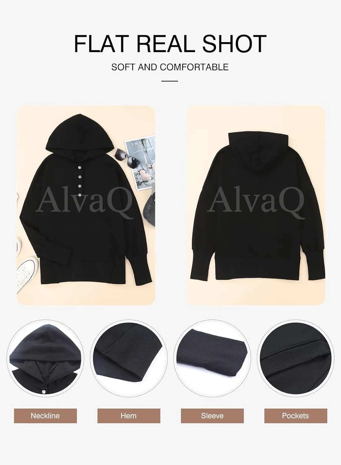 AlvaQ Women Casual Button V Neck Hoodies Oversized Pullover Sweatshirt Hooded Tops with Pockets