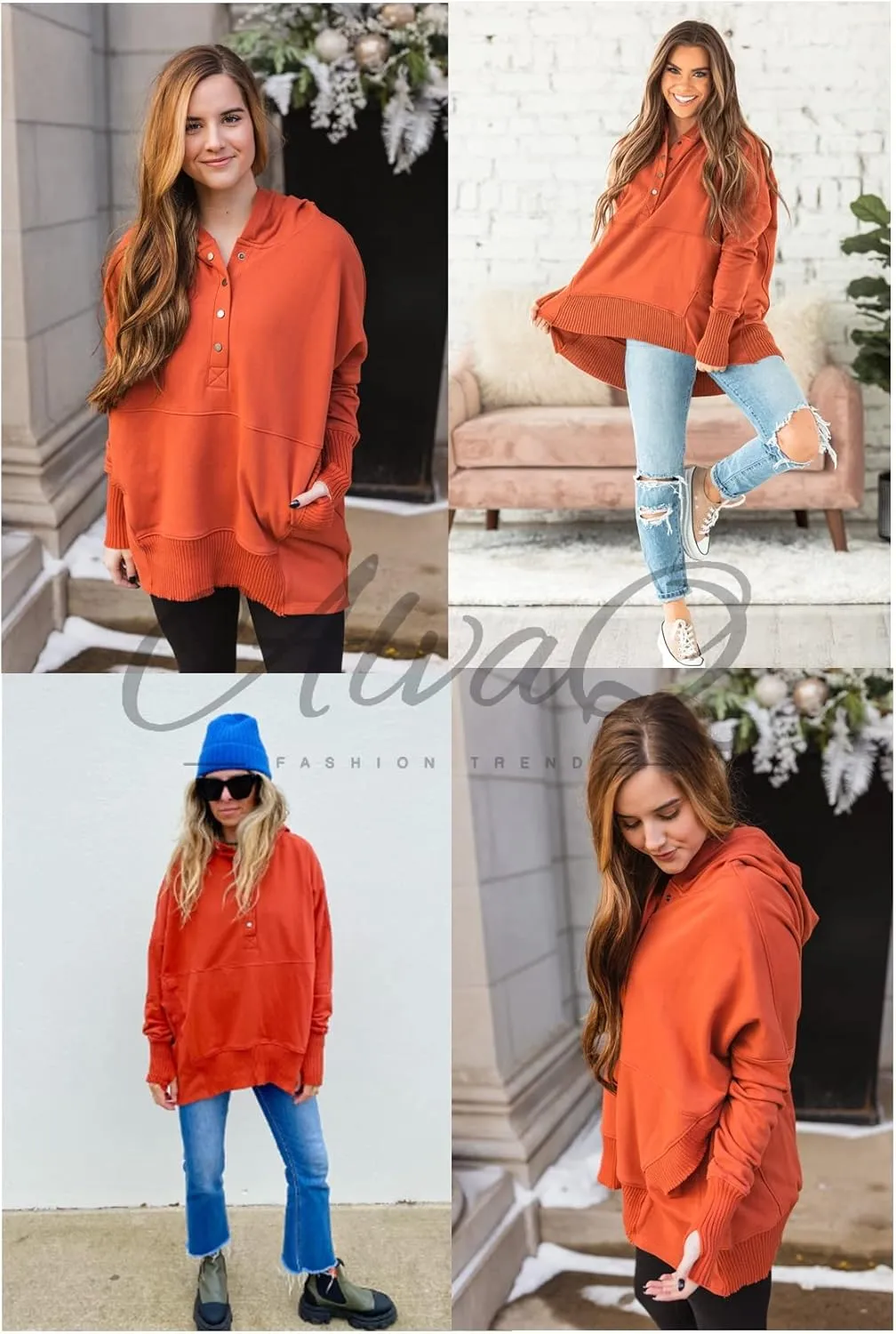 AlvaQ Women Casual Button V Neck Hoodies Oversized Pullover Sweatshirt Hooded Tops with Pockets