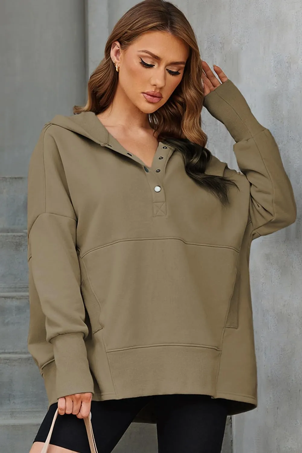 AlvaQ Women Casual Button V Neck Hoodies Oversized Pullover Sweatshirt Hooded Tops with Pockets