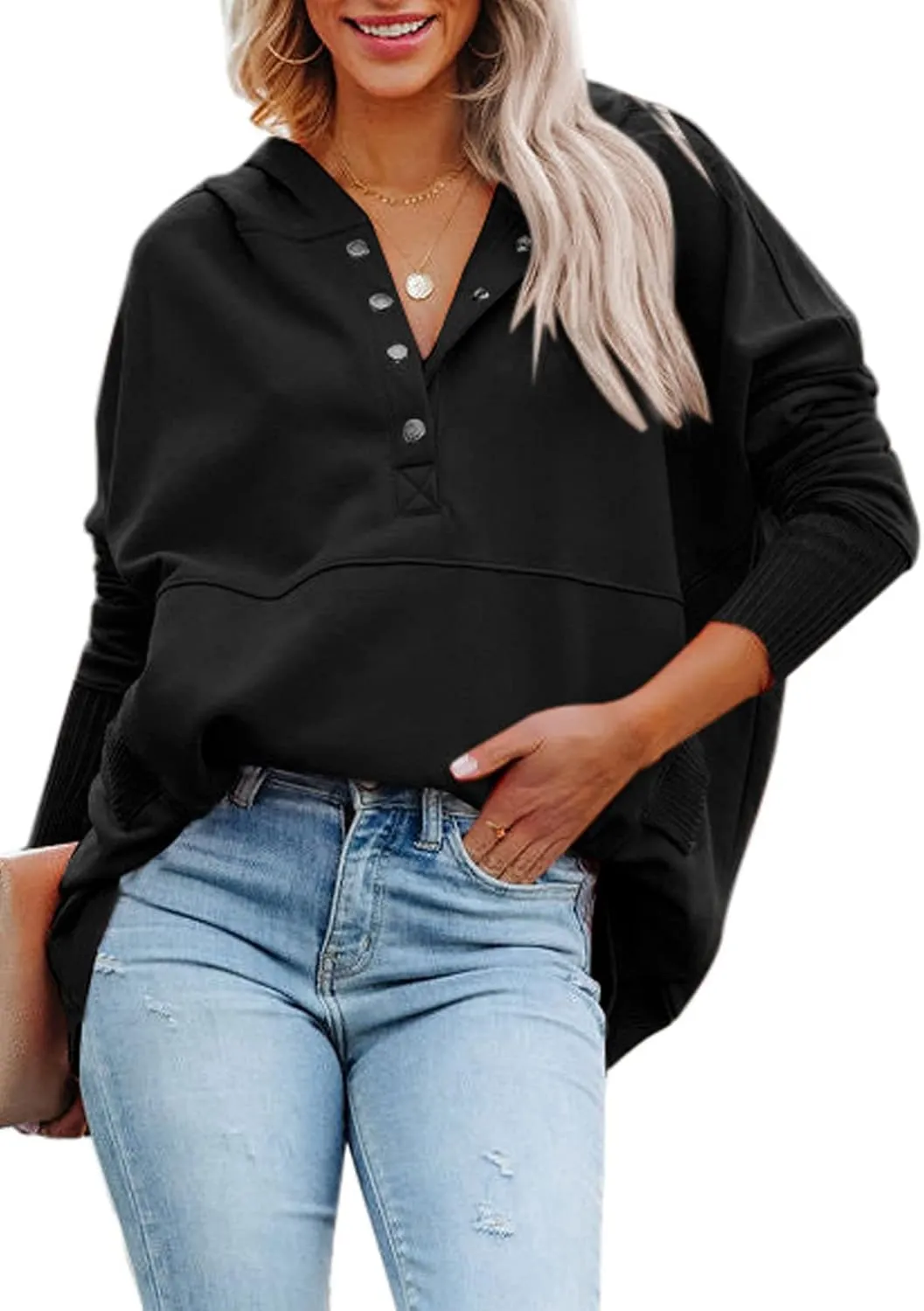 AlvaQ Women Casual Button V Neck Hoodies Oversized Pullover Sweatshirt Hooded Tops with Pockets