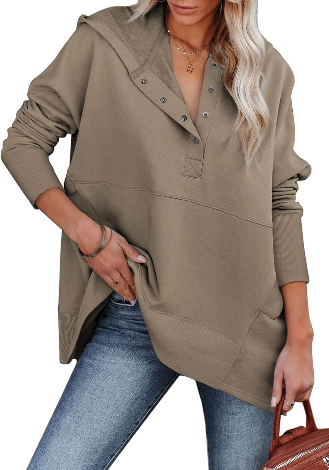 AlvaQ Women Casual Button V Neck Hoodies Oversized Pullover Sweatshirt Hooded Tops with Pockets