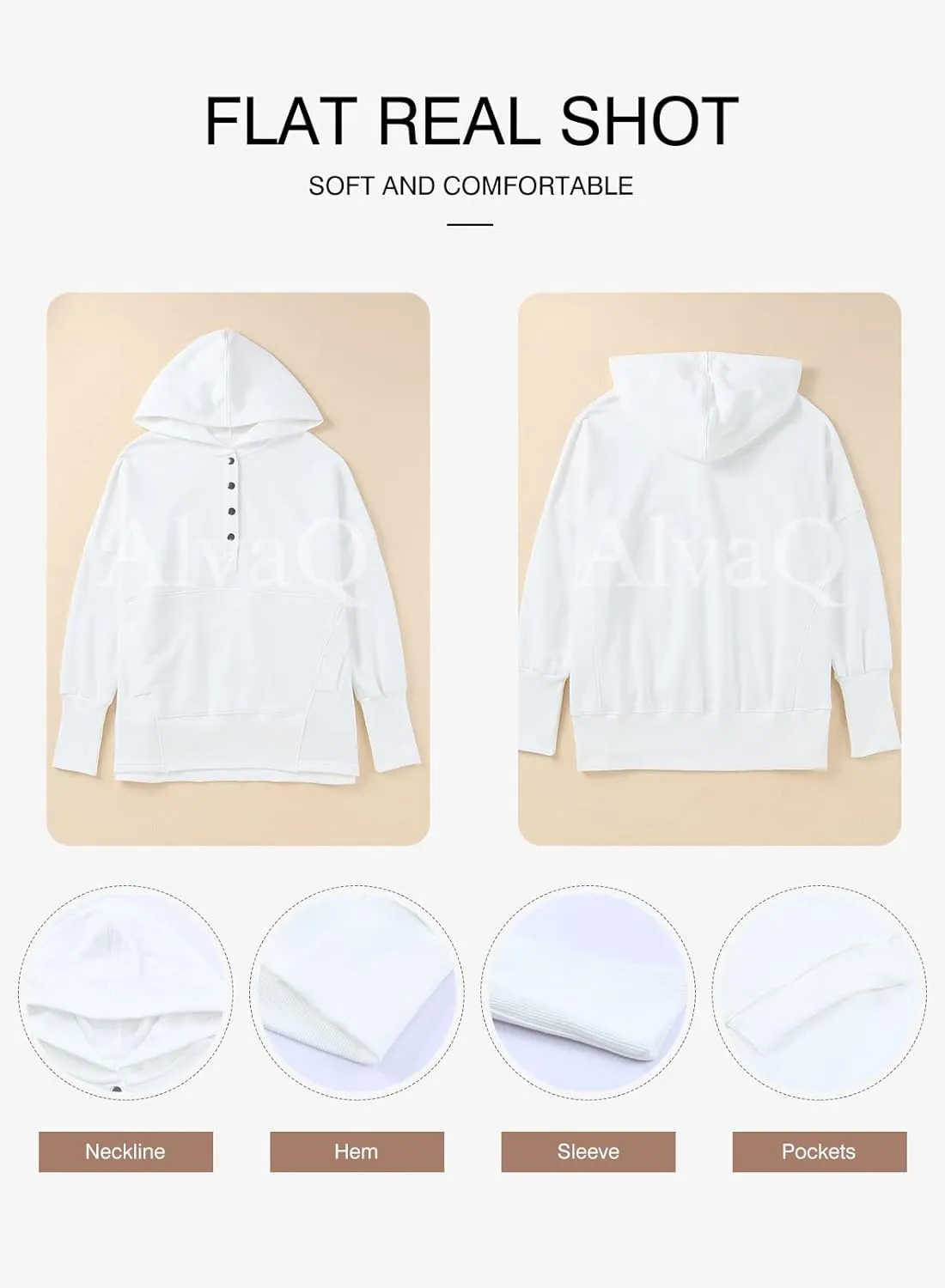 AlvaQ Women Casual Button V Neck Hoodies Oversized Pullover Sweatshirt Hooded Tops with Pockets