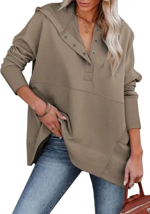 AlvaQ Women Casual Button V Neck Hoodies Oversized Pullover Sweatshirt Hooded Tops with Pockets