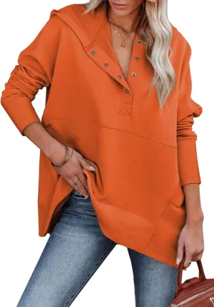 AlvaQ Women Casual Button V Neck Hoodies Oversized Pullover Sweatshirt Hooded Tops with Pockets