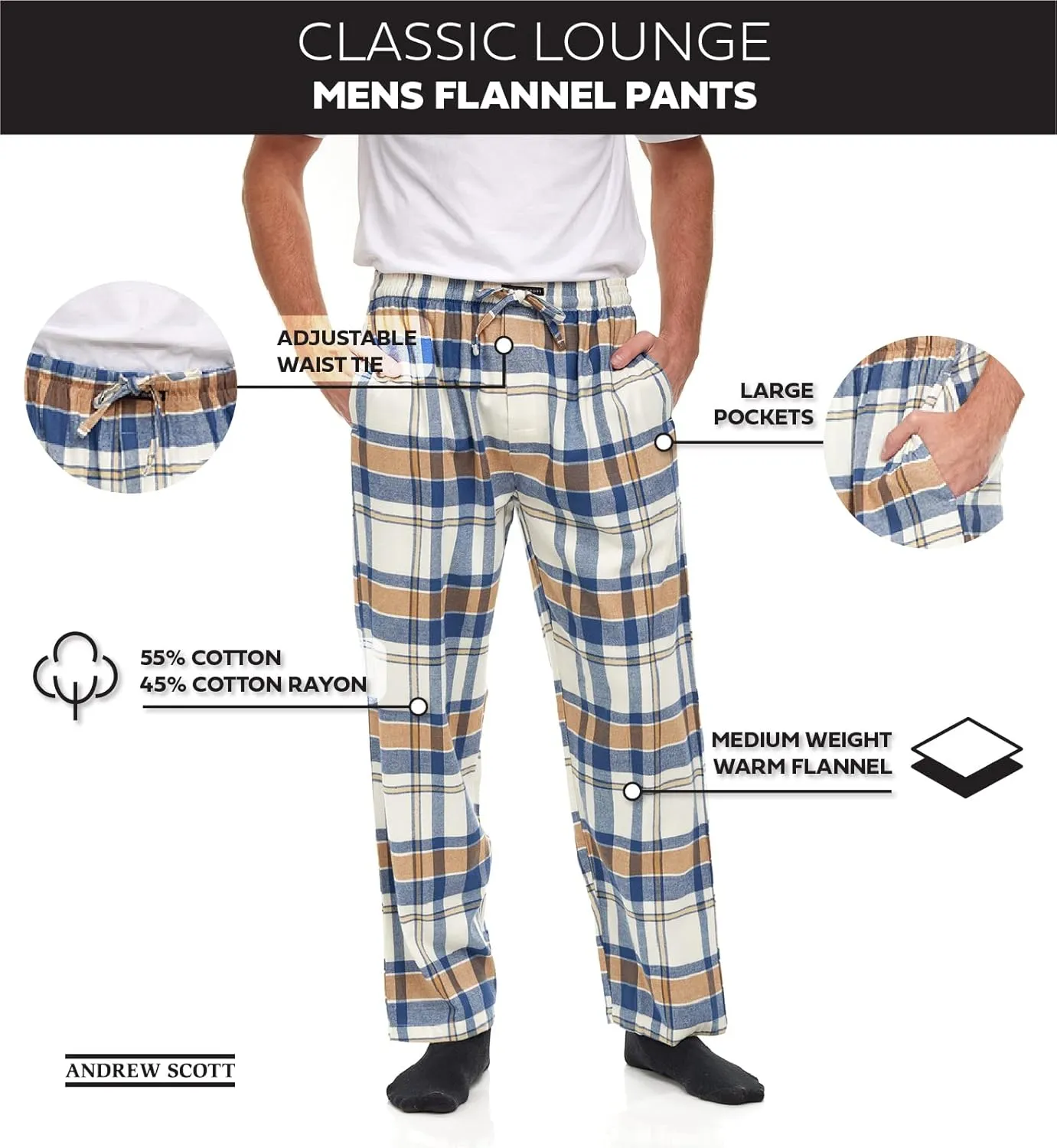 Andrew Scott Men's Cotton Super Soft Flannel Plaid Pajama Pants- 2 Pack