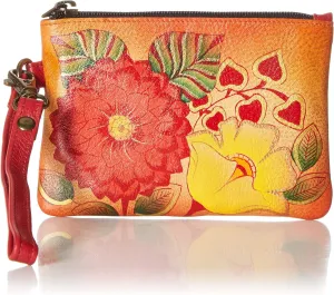 Anna by Anuschka Women's Original Leather Hand-Painted Coin Purse Zippered Pouch with a Top Zip Entry and Detachable Wrist Strap