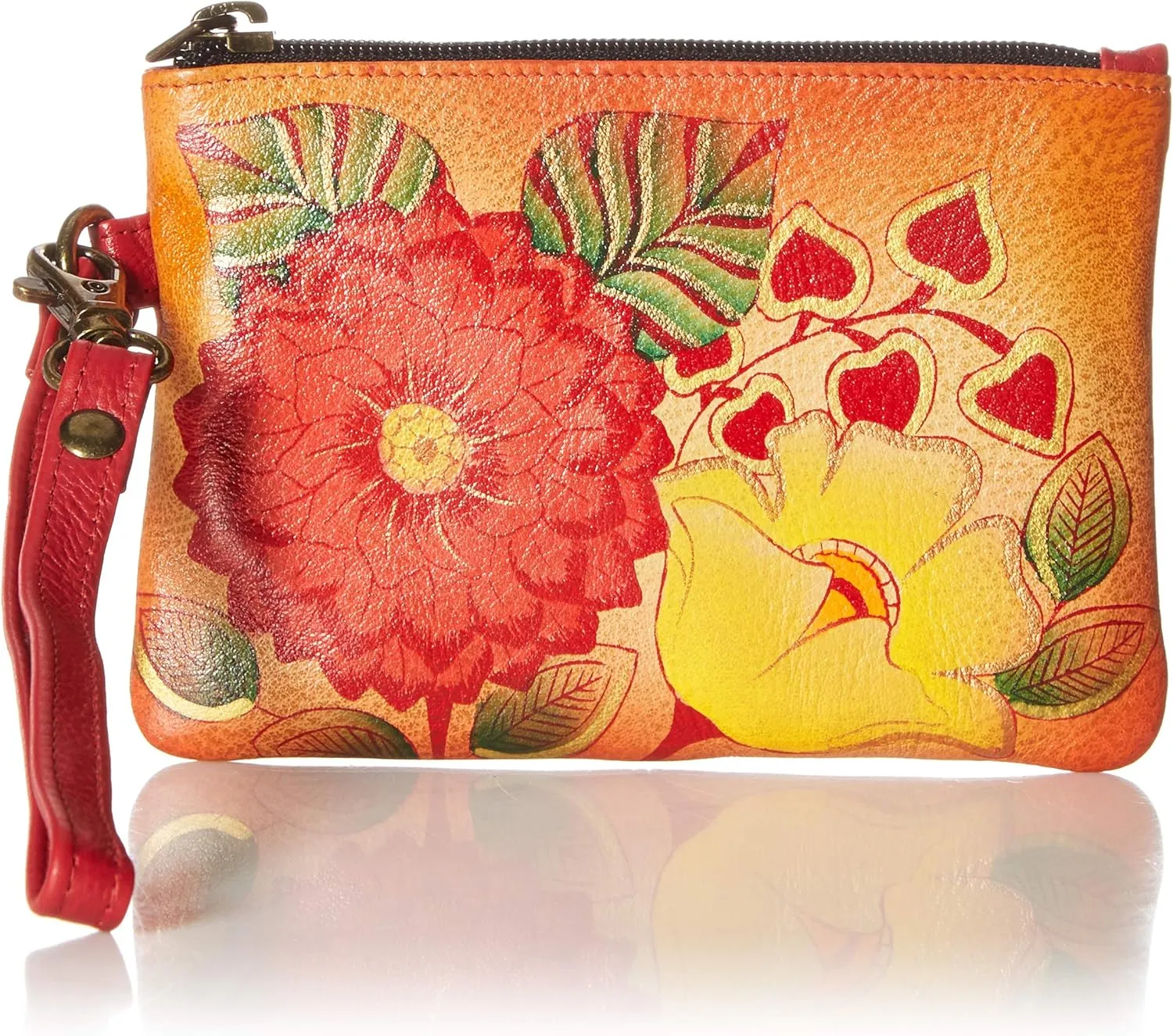 Anna by Anuschka Women's Original Leather Hand-Painted Coin Purse Zippered Pouch with a Top Zip Entry and Detachable Wrist Strap