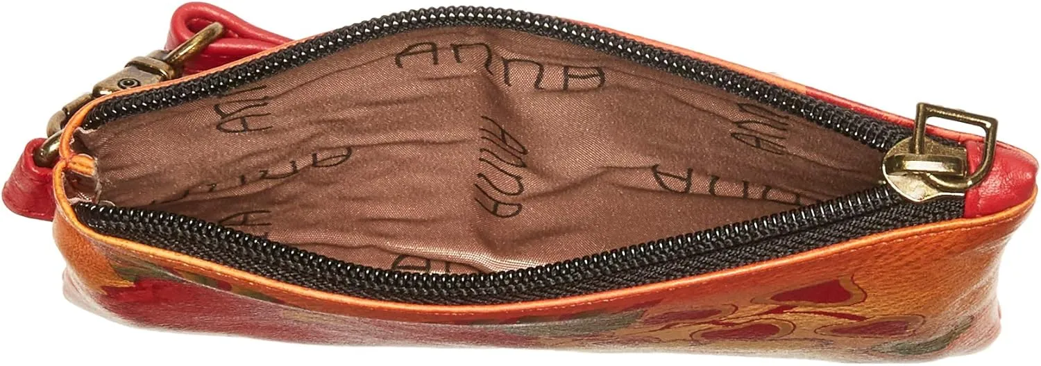 Anna by Anuschka Women's Original Leather Hand-Painted Coin Purse Zippered Pouch with a Top Zip Entry and Detachable Wrist Strap