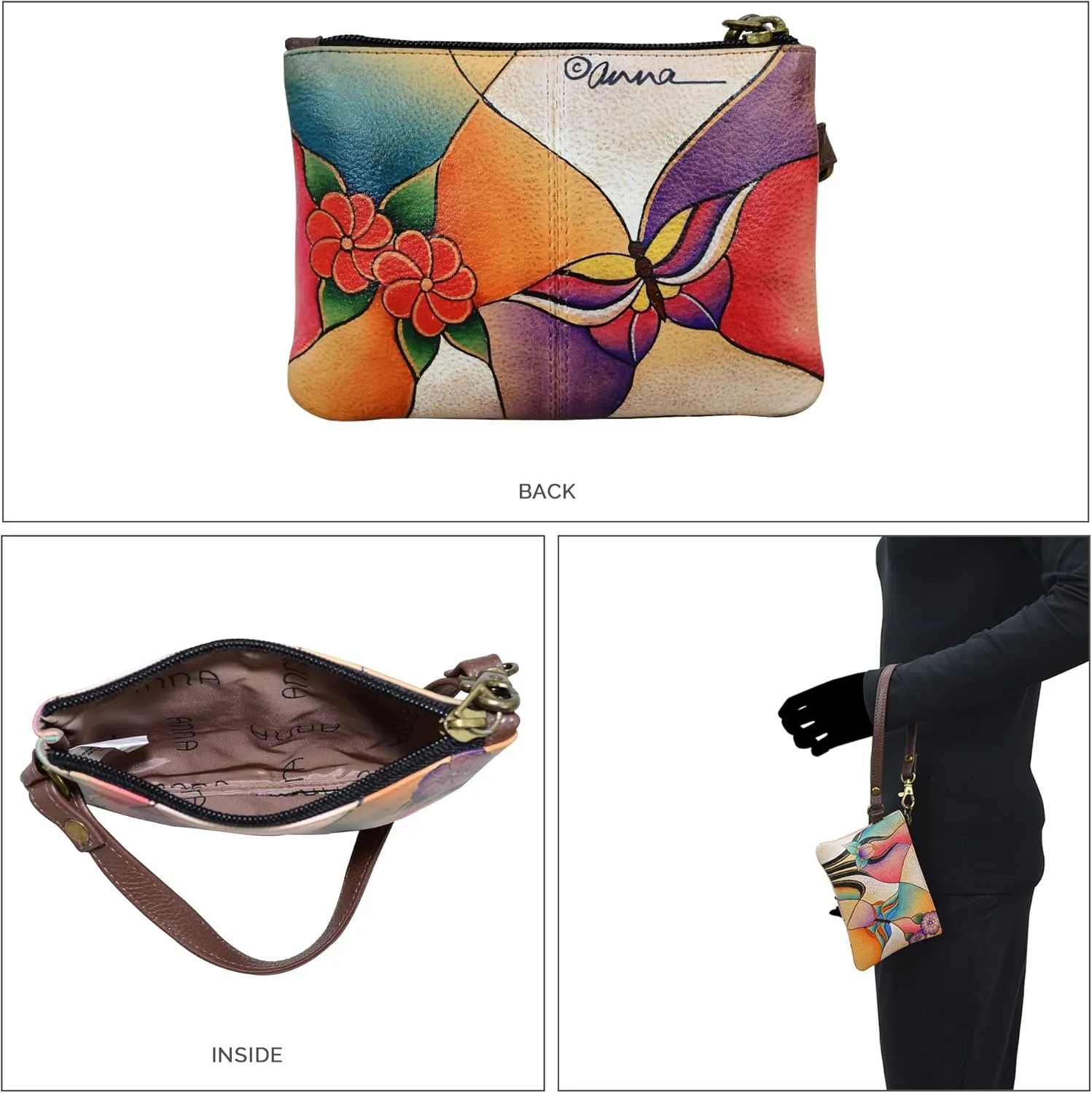 Anna by Anuschka Women's Original Leather Hand-Painted Coin Purse Zippered Pouch with a Top Zip Entry and Detachable Wrist Strap