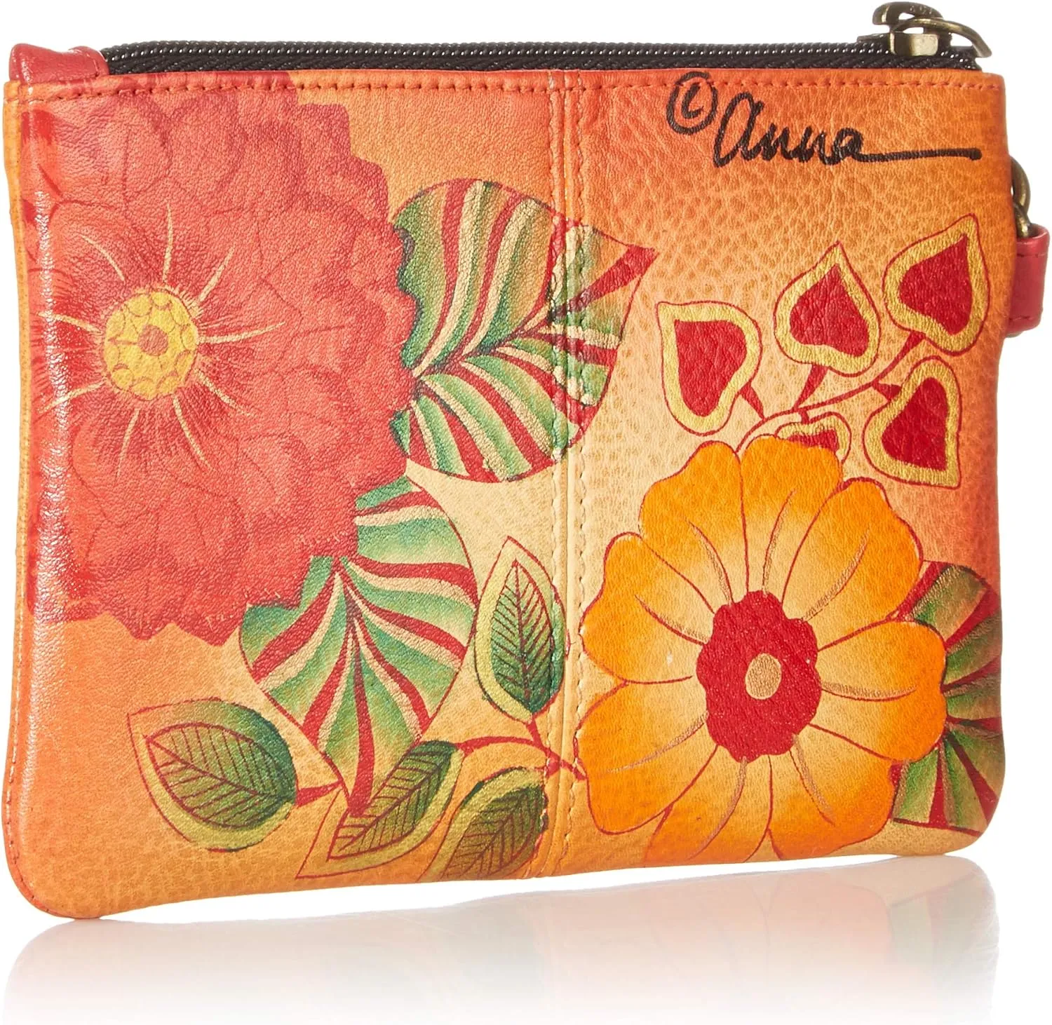 Anna by Anuschka Women's Original Leather Hand-Painted Coin Purse Zippered Pouch with a Top Zip Entry and Detachable Wrist Strap