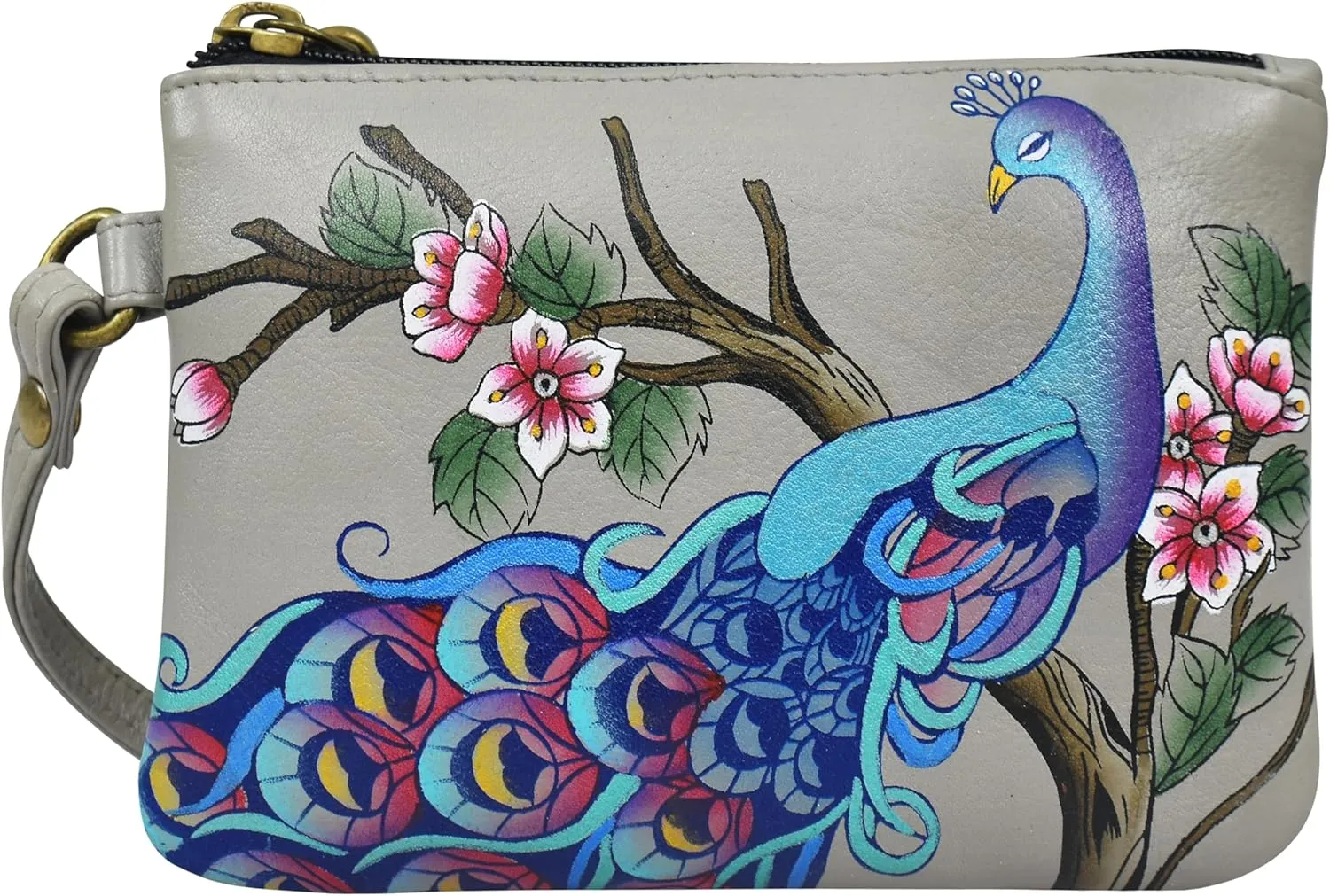 Anna by Anuschka Women's Original Leather Hand-Painted Coin Purse Zippered Pouch with a Top Zip Entry and Detachable Wrist Strap