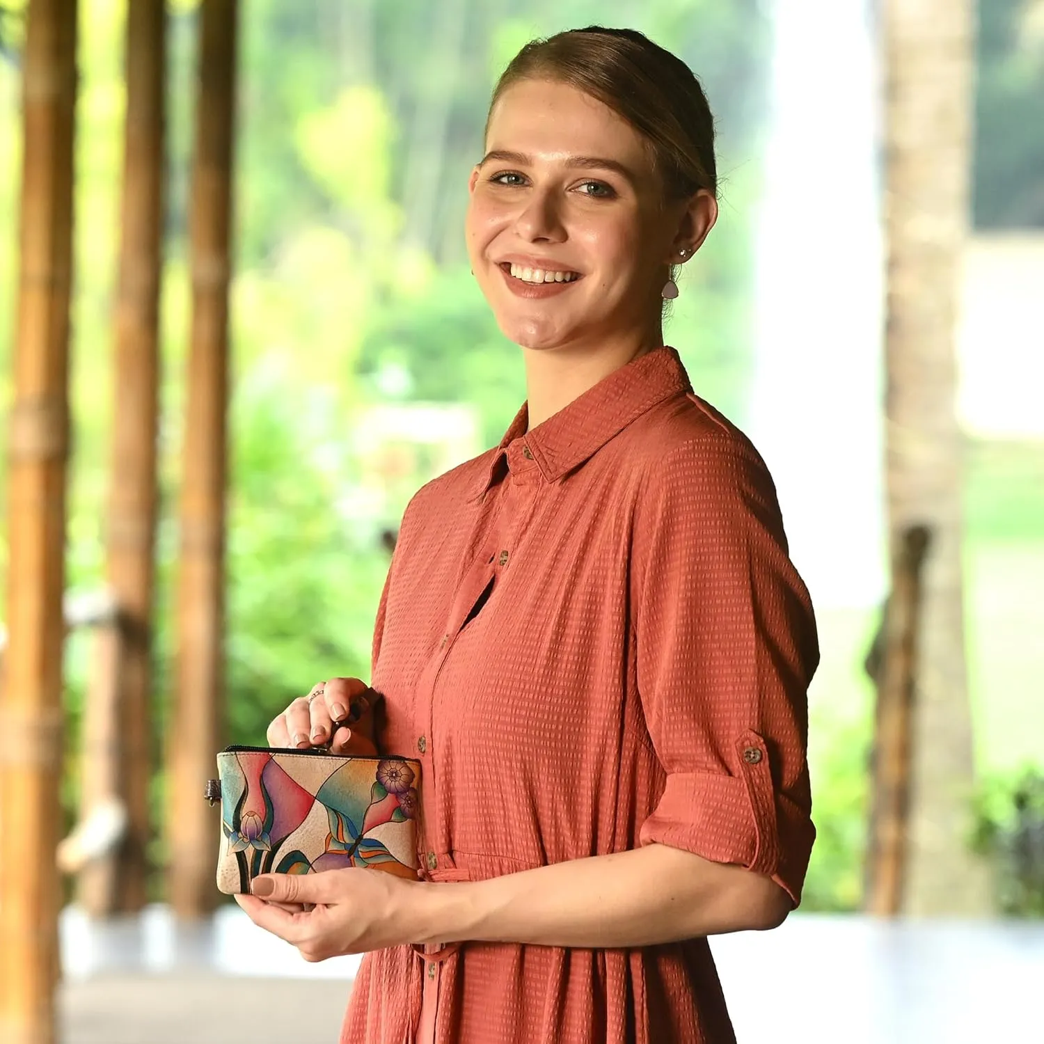 Anna by Anuschka Women's Original Leather Hand-Painted Coin Purse Zippered Pouch with a Top Zip Entry and Detachable Wrist Strap