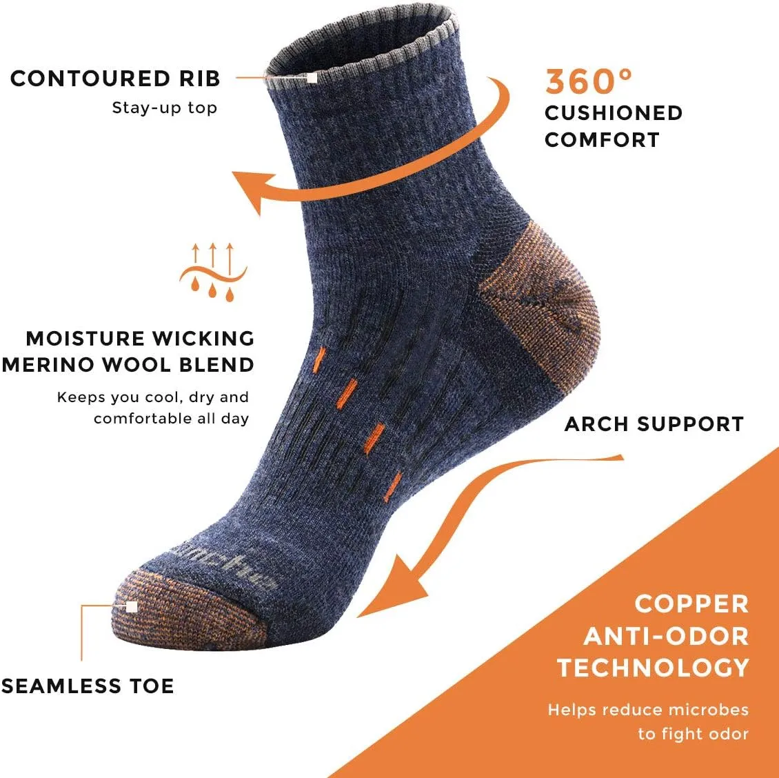 Avalanche Men's Odor Resistant Copper Wool Blend Quarter Socks With Arch Support 2Pack