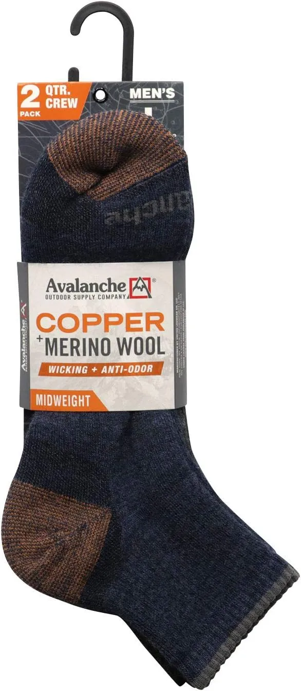 Avalanche Men's Odor Resistant Copper Wool Blend Quarter Socks With Arch Support 2Pack