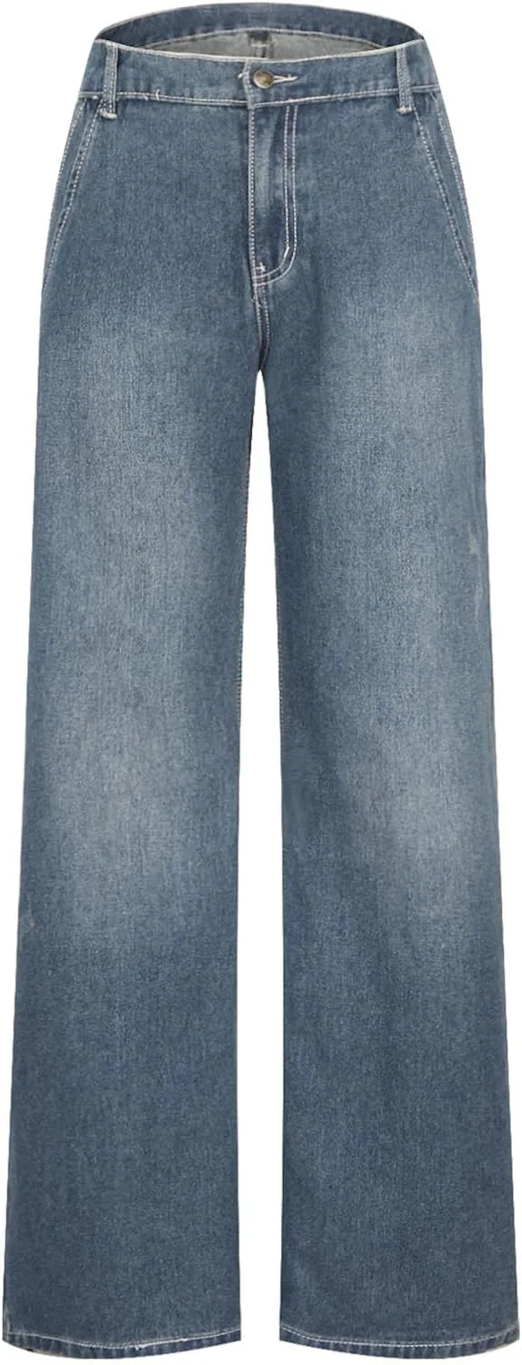 Baggy Jeans for Women Relax Fit Baggy Bootcut Bootleg Pants Vintage Distressed Jeans Straight Wide Leg Denim Trousers