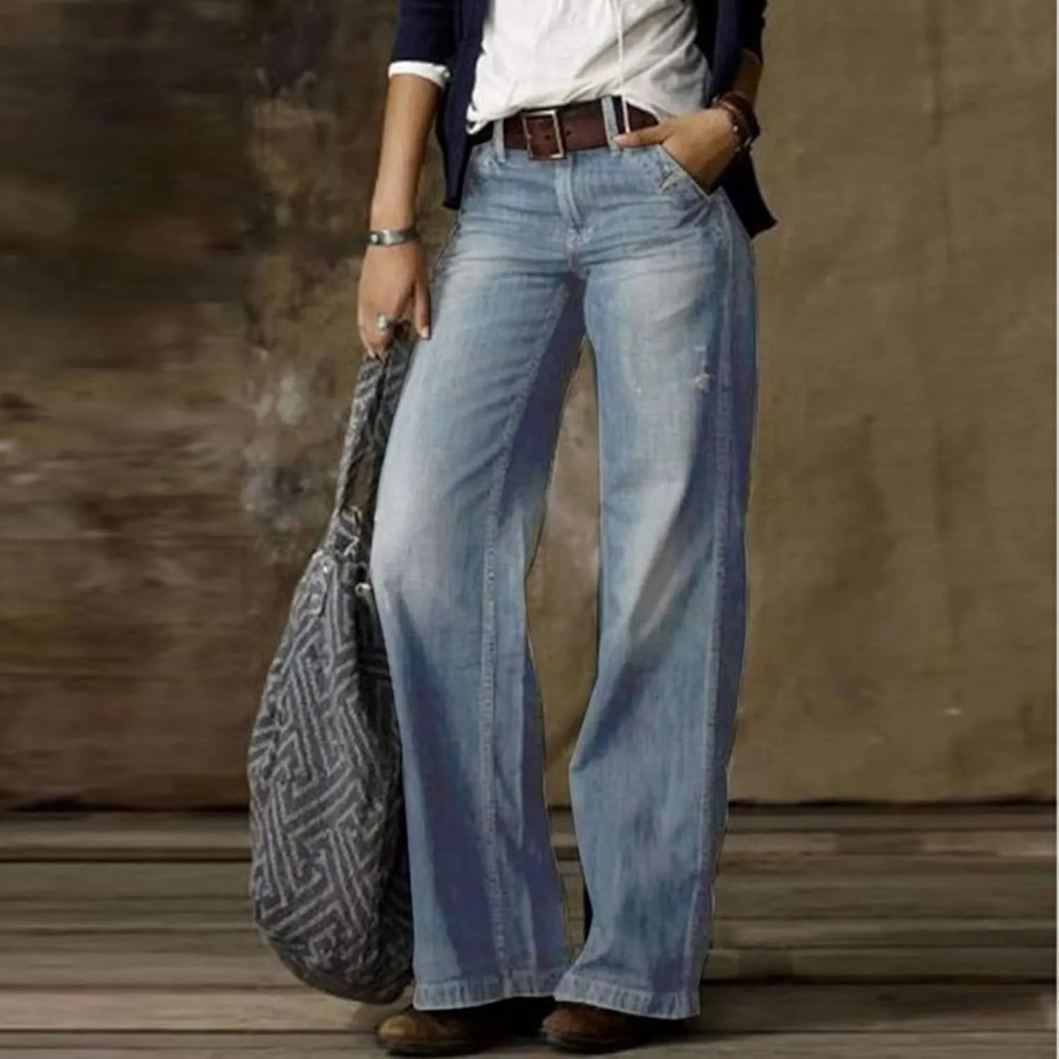 Baggy Jeans for Women Relax Fit Baggy Bootcut Bootleg Pants Vintage Distressed Jeans Straight Wide Leg Denim Trousers
