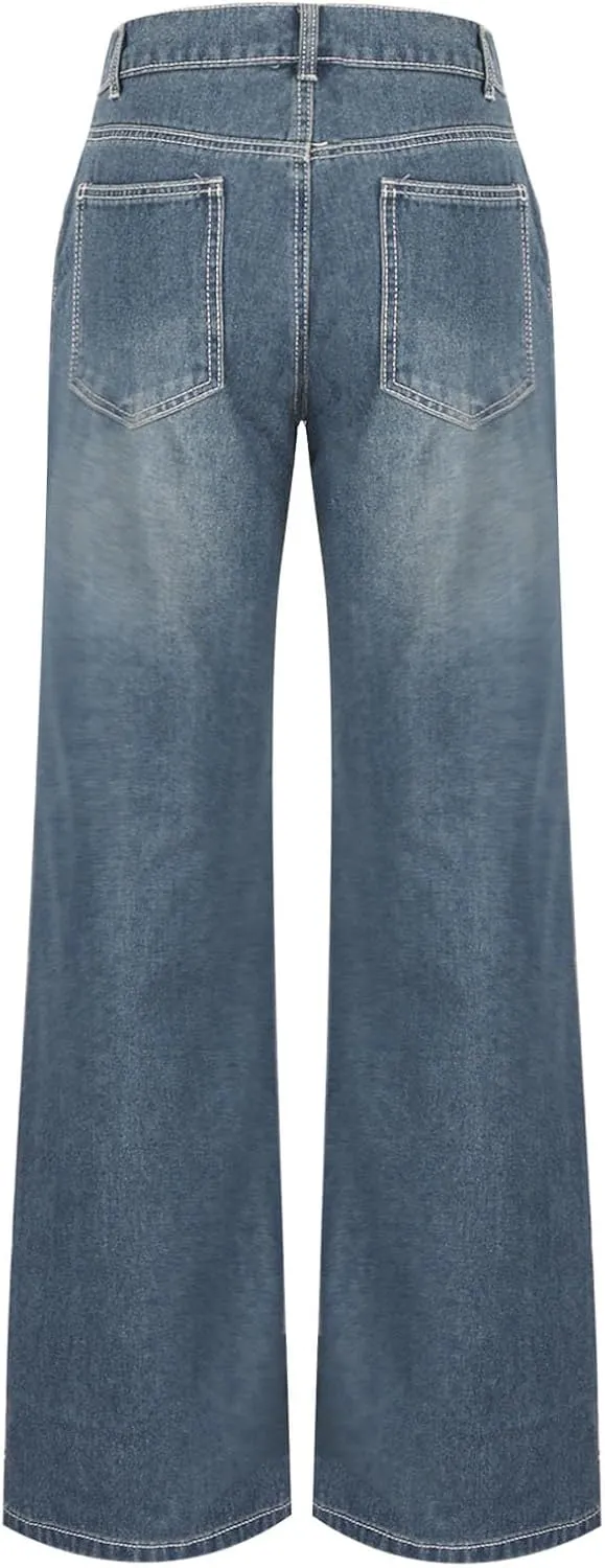 Baggy Jeans for Women Relax Fit Baggy Bootcut Bootleg Pants Vintage Distressed Jeans Straight Wide Leg Denim Trousers