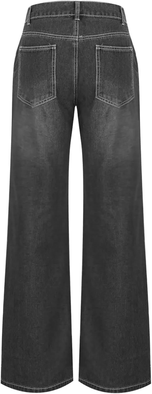Baggy Jeans for Women Relax Fit Baggy Bootcut Bootleg Pants Vintage Distressed Jeans Straight Wide Leg Denim Trousers