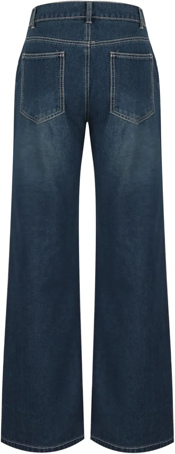 Baggy Jeans for Women Relax Fit Baggy Bootcut Bootleg Pants Vintage Distressed Jeans Straight Wide Leg Denim Trousers