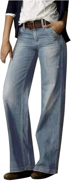Baggy Jeans for Women Relax Fit Baggy Bootcut Bootleg Pants Vintage Distressed Jeans Straight Wide Leg Denim Trousers