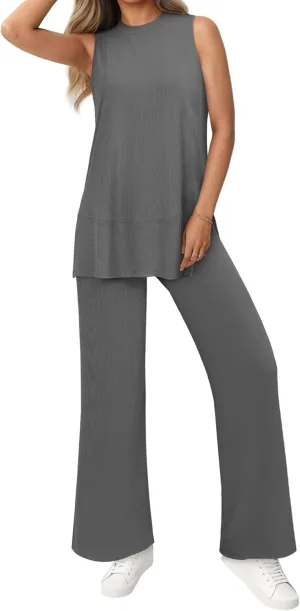 BB&KK Two Piece Sets for Women Summer Outfits Matching Lounge Sets Sleeveless Tank Top Wide Leg Pants Vacation Travel Outfits