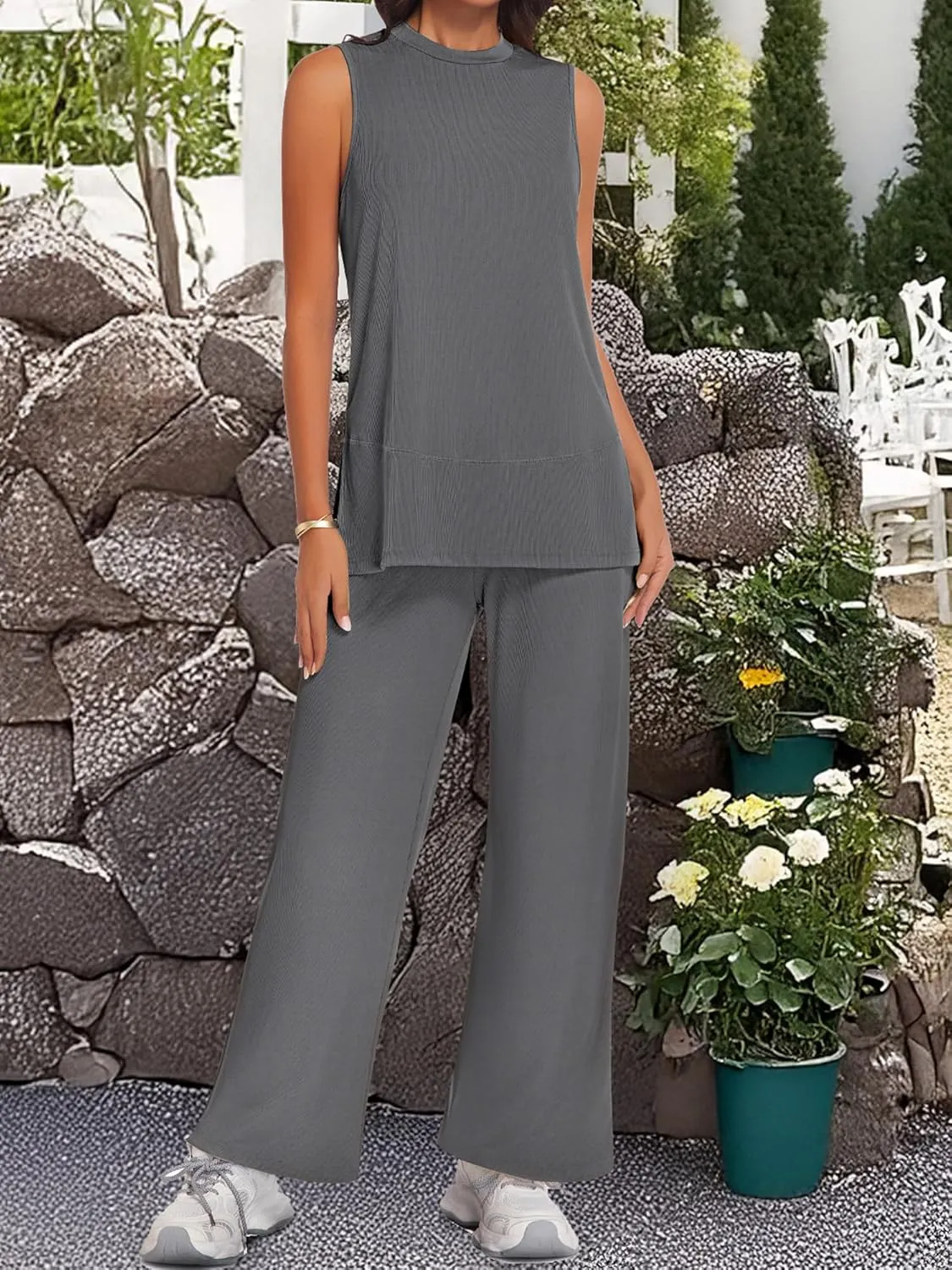 BB&KK Two Piece Sets for Women Summer Outfits Matching Lounge Sets Sleeveless Tank Top Wide Leg Pants Vacation Travel Outfits